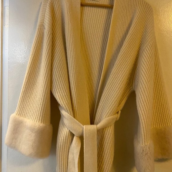 LaPointe ribbed cashmere kimono cardigan with fur trim (cuffs) - Picture 1 of 6